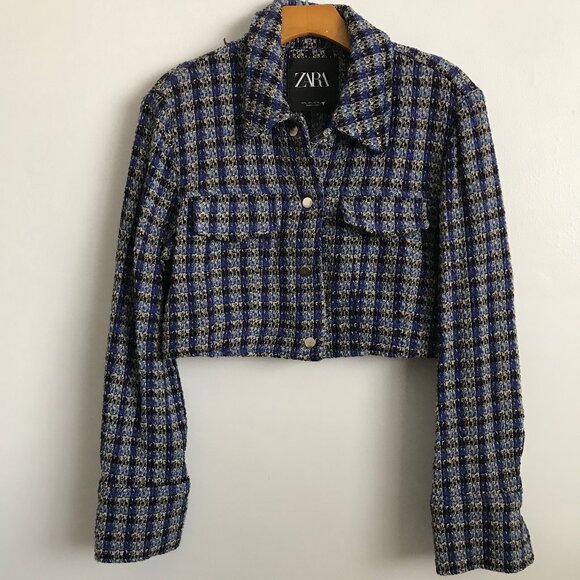 Zara Boucle Blue Check Crop Tweed Snap Button Jacket Womens L - Picture 1 of 8